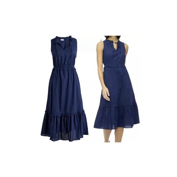J.CREW Dresses & Skirts - J.Crew Factory Midi Dress Size 4 Navy Tiered Fit & Flare NWT Tie-Neck Sleeveless